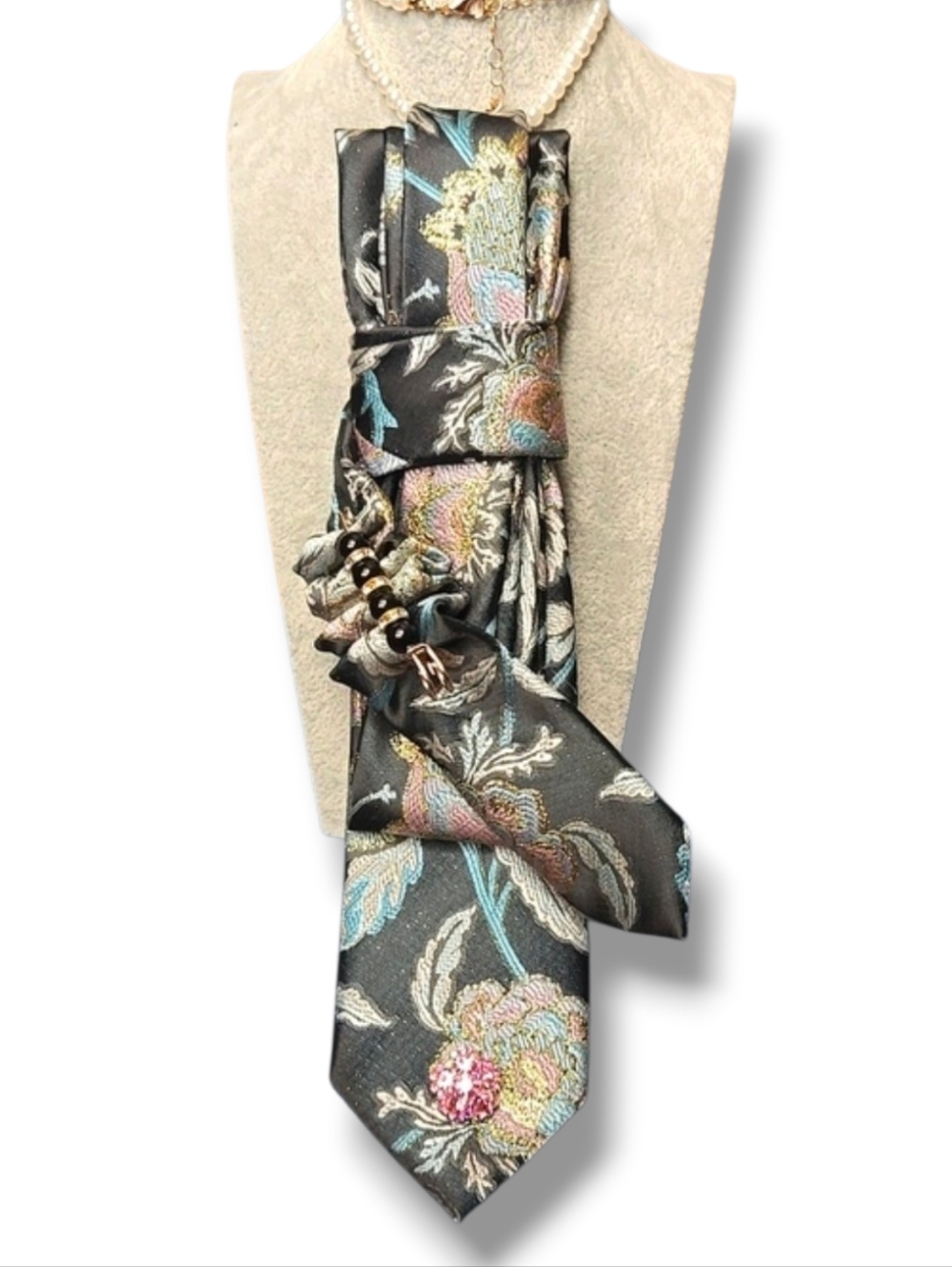 3/$60 Unique Black Floral Brocade Cravat with Pastel Accents Pink Pearl Detail